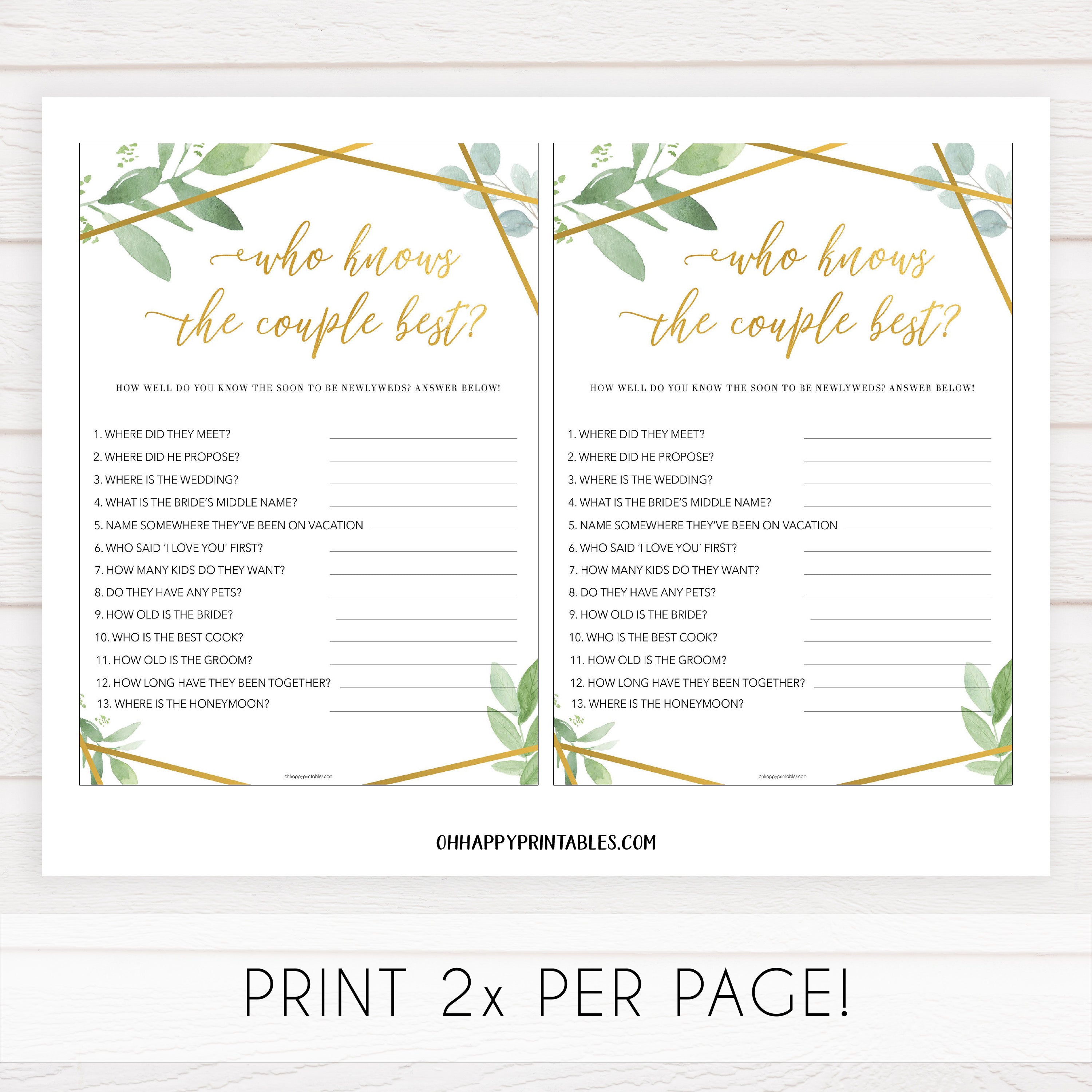 who knows the couple best game, printable baby shower games, floral bridal shower games, gold bridal shower games, bridal shower games