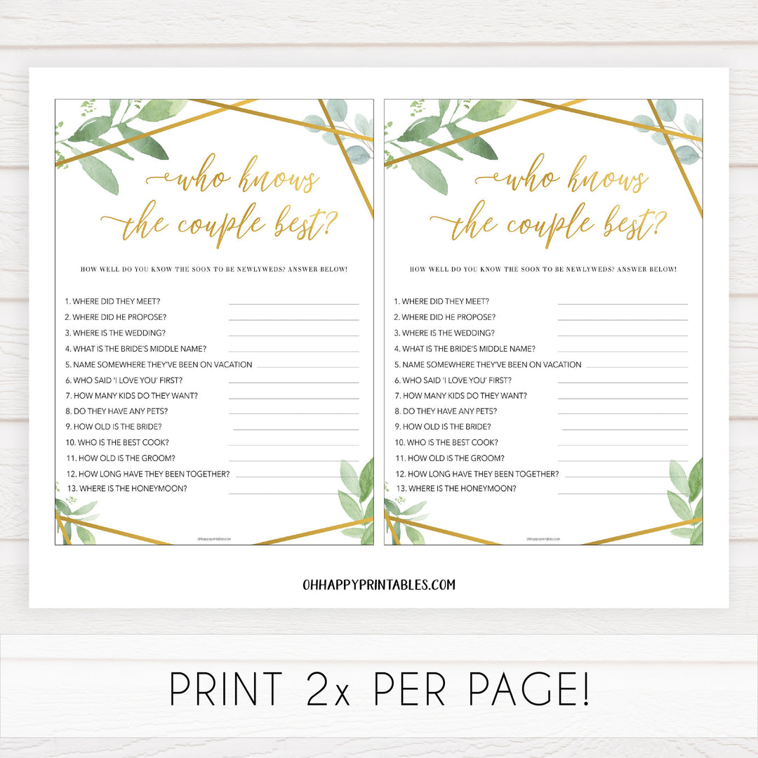 who knows the couple best game, printable baby shower games, floral bridal shower games, gold bridal shower games, bridal shower games