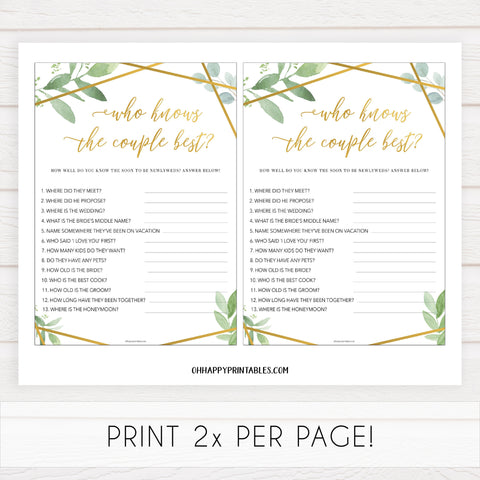 who knows the couple best game, printable baby shower games, floral bridal shower games, gold bridal shower games, bridal shower games