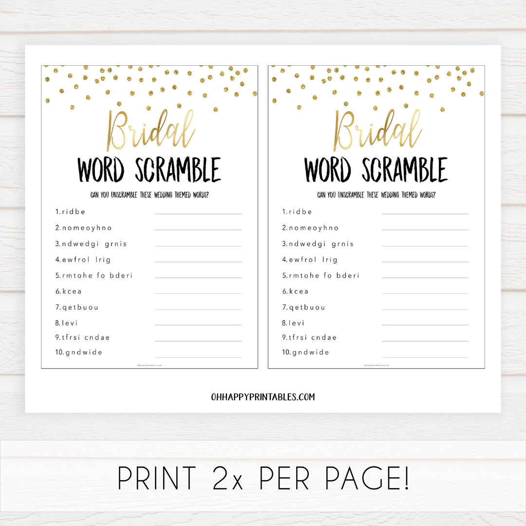 bridal word scramble game, Printable bridal shower games, gold glitter bridal shower, gold glitter bridal shower games, fun bridal shower games, bridal shower game ideas, gold glitter bridal shower
