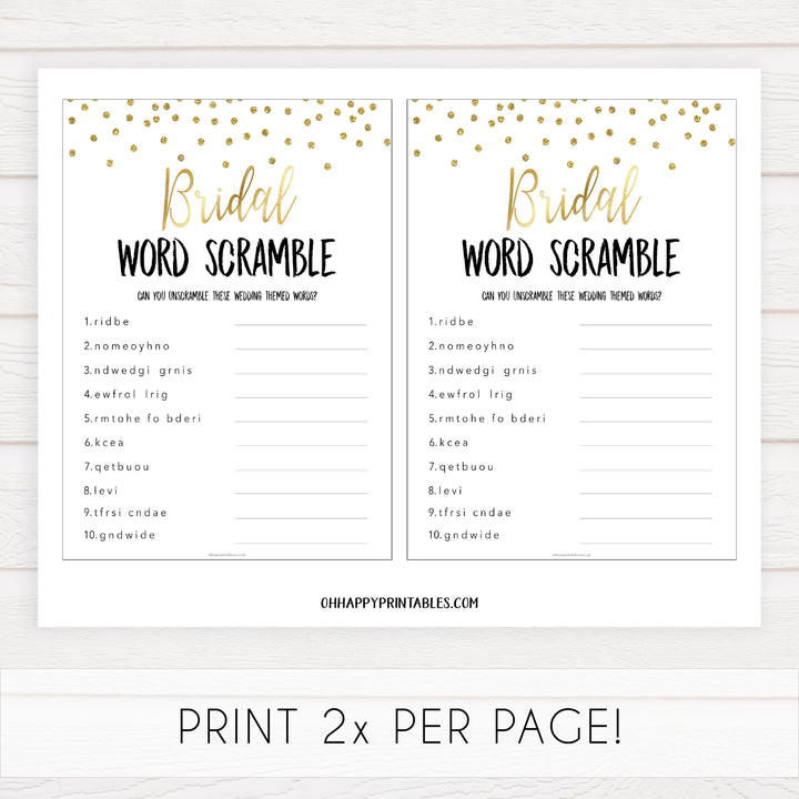 bridal word scramble game, Printable bridal shower games, gold glitter bridal shower, gold glitter bridal shower games, fun bridal shower games, bridal shower game ideas, gold glitter bridal shower