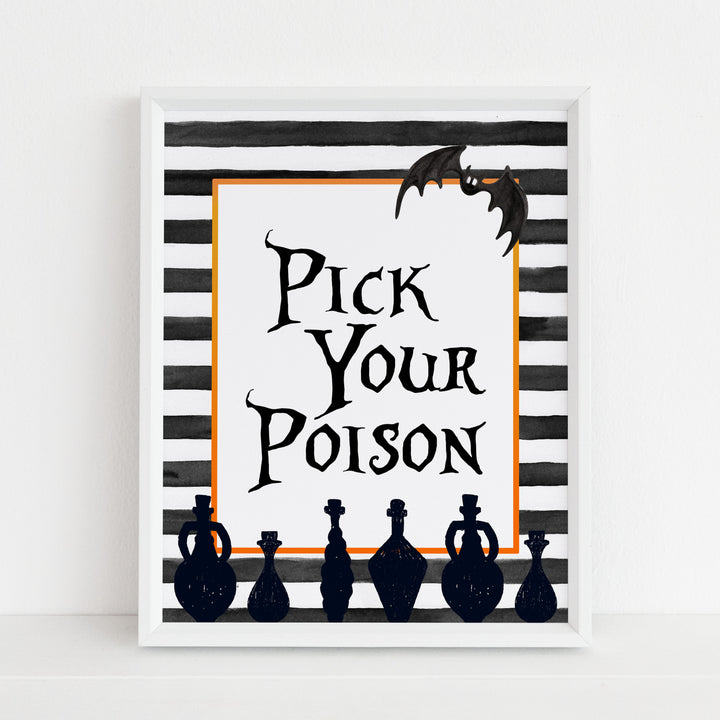 pick your poison halloween table signs, printable halloween table signs, spooky halloween decor, halloween decor