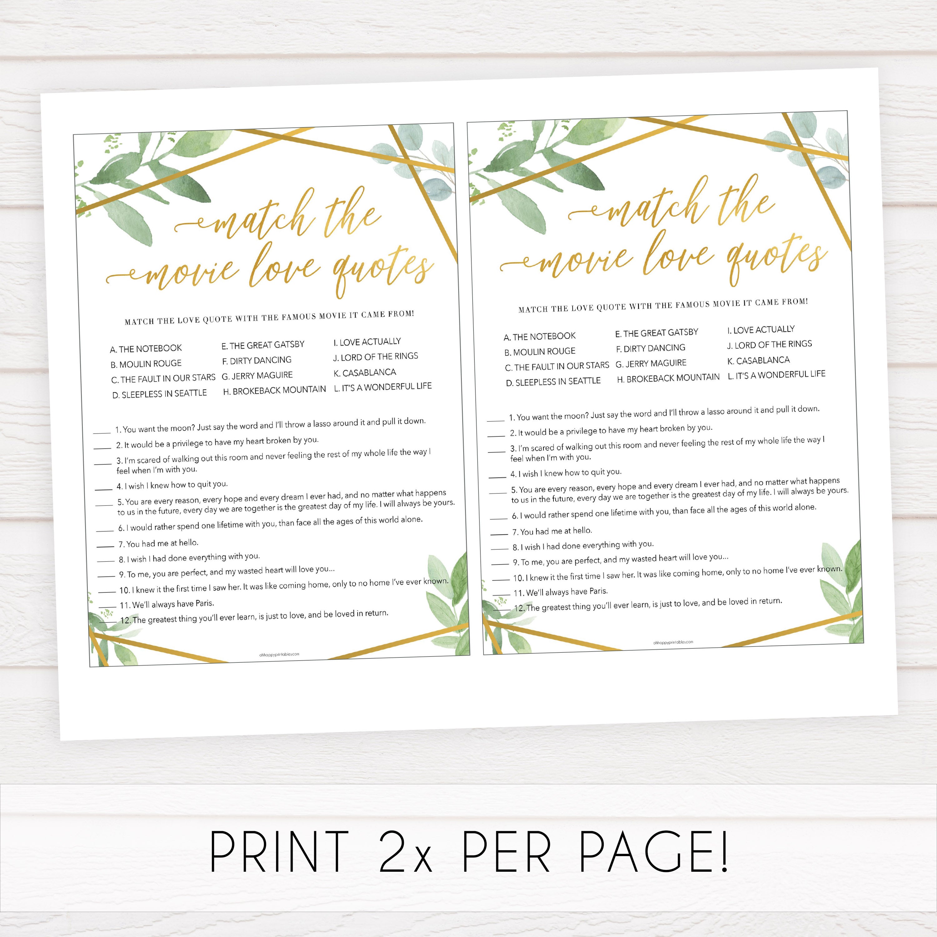 match the movie love quote game, printable bridal shower games, floral bridal shower games, gold bridal shower games