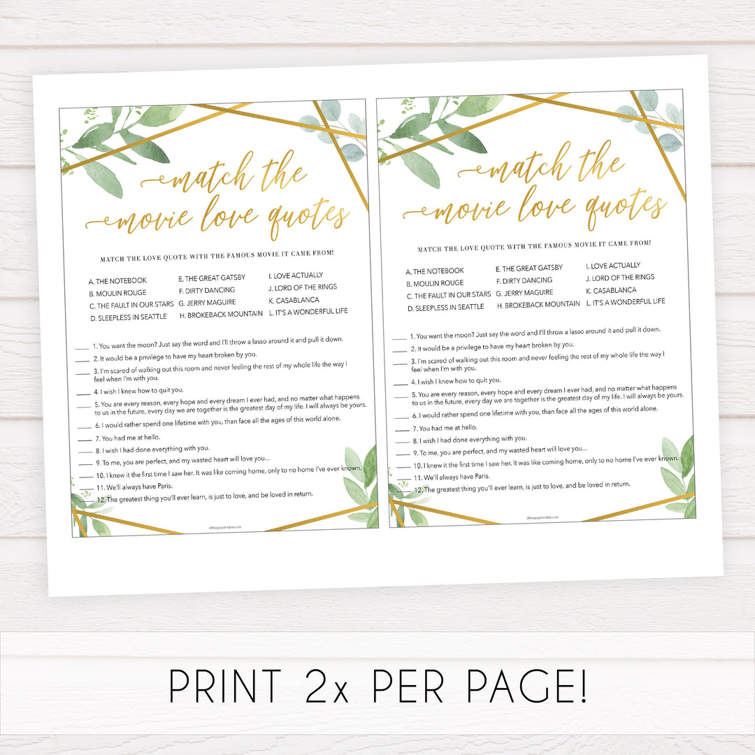match the movie love quote game, printable bridal shower games, floral bridal shower games, gold bridal shower games