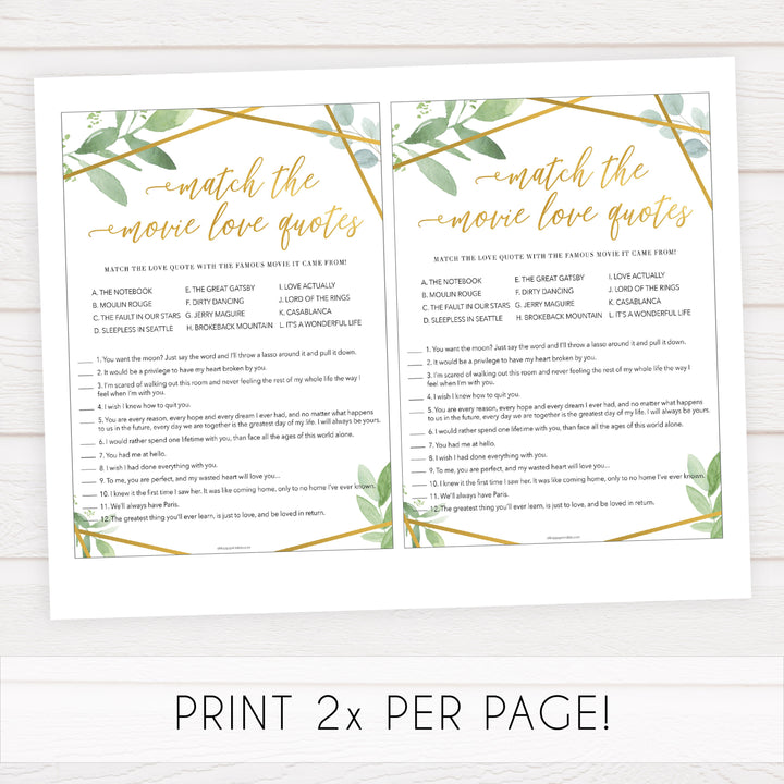 match the movie love quote game, printable bridal shower games, floral bridal shower games, gold bridal shower games