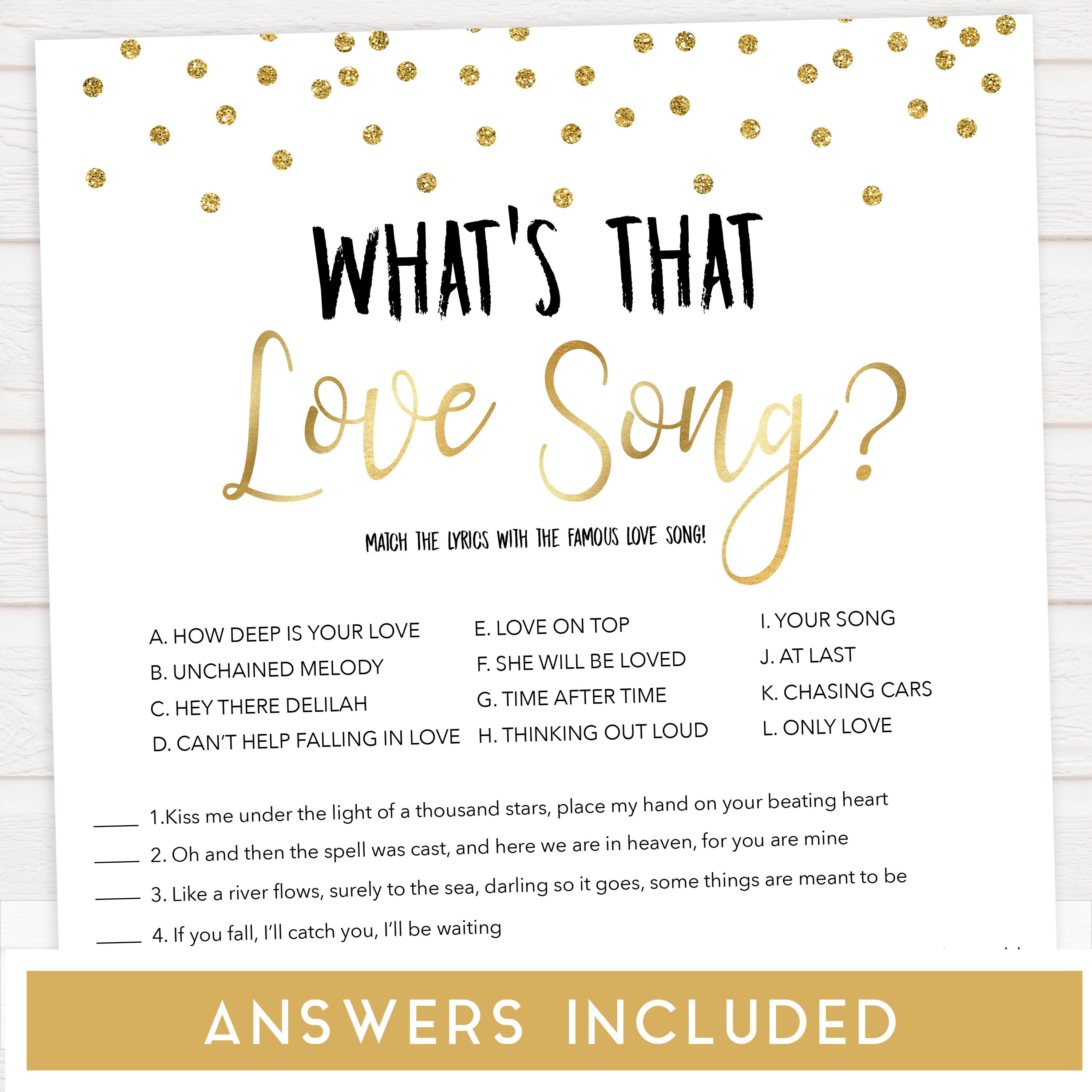 whats that love song, love song game, Printable bridal shower games, gold glitter bridal shower, gold glitter bridal shower games, fun bridal shower games, bridal shower game ideas, gold glitter bridal shower