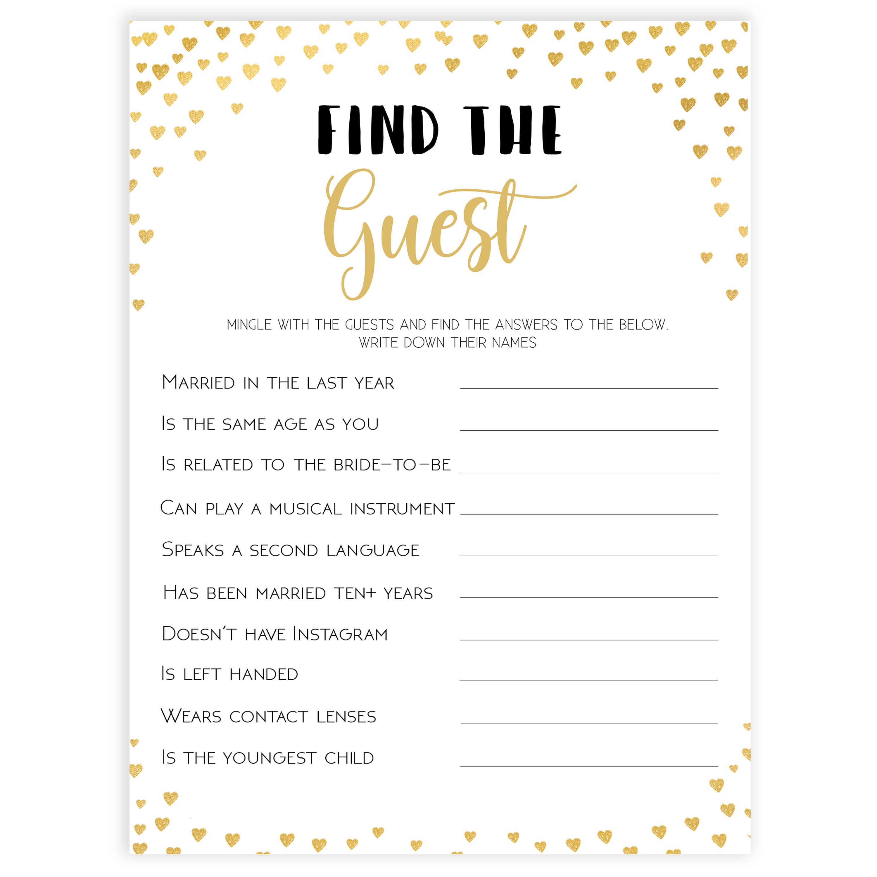Gold hearts bridal shower games, find the guest, printable bridal games, gold bridal games, gold hearts bridal games, fun bridal games, top bridal games, best bridal games