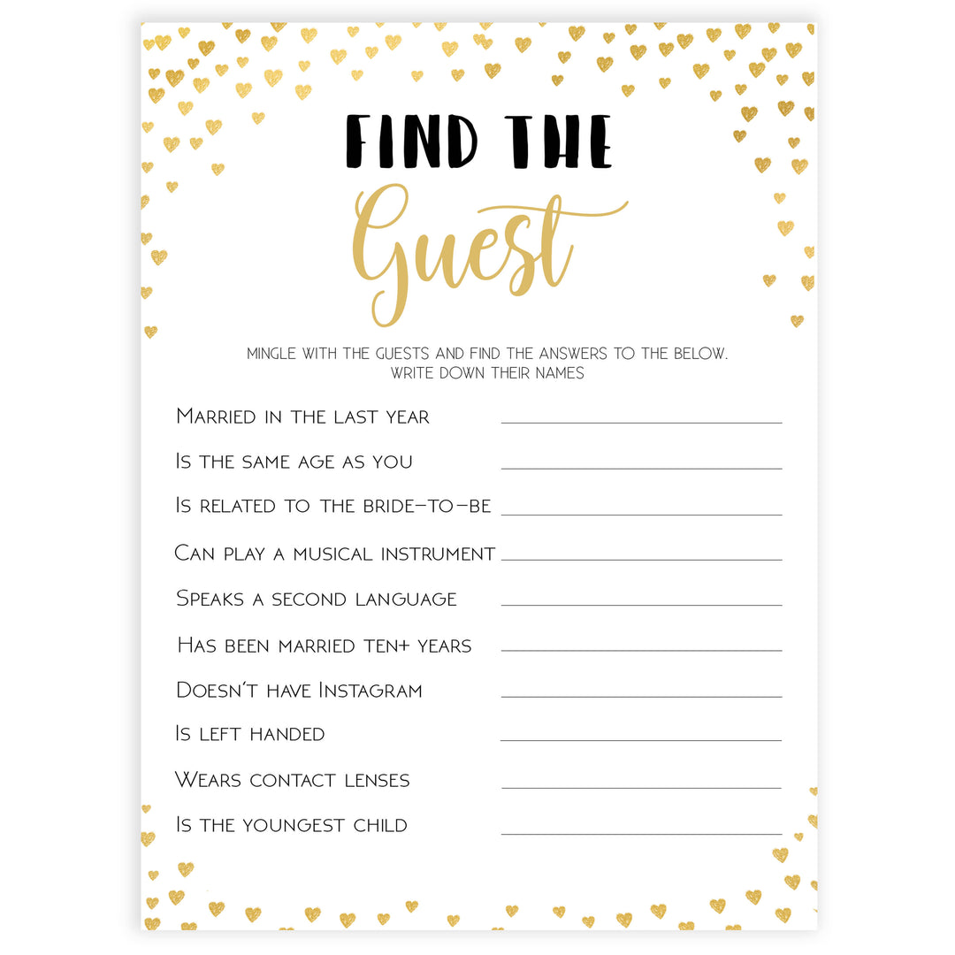 Gold hearts bridal shower games, find the guest, printable bridal games, gold bridal games, gold hearts bridal games, fun bridal games, top bridal games, best bridal games