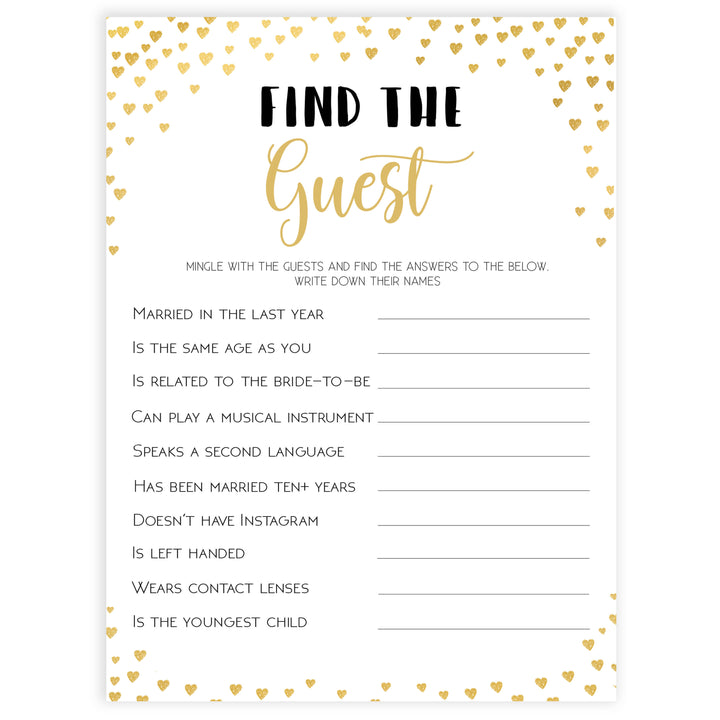 Gold hearts bridal shower games, find the guest, printable bridal games, gold bridal games, gold hearts bridal games, fun bridal games, top bridal games, best bridal games