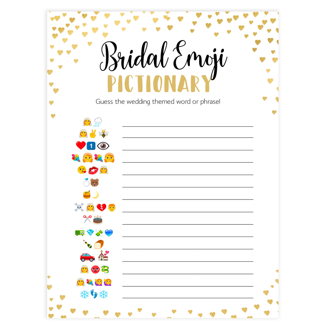 Gold hearts bridal shower games, bridal emoji pictionary, printable bridal games, gold bridal games, gold hearts bridal games, fun bridal games, top bridal games, best bridal games