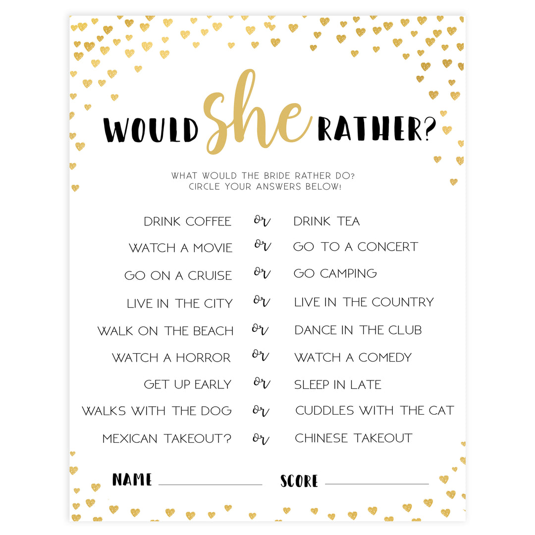 Gold hearts bridal shower games, would she rather, printable bridal games, gold bridal games, gold hearts bridal games, fun bridal games, top bridal games, best bridal games