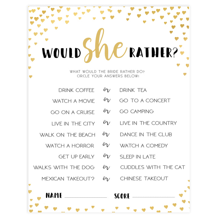 Gold hearts bridal shower games, would she rather, printable bridal games, gold bridal games, gold hearts bridal games, fun bridal games, top bridal games, best bridal games