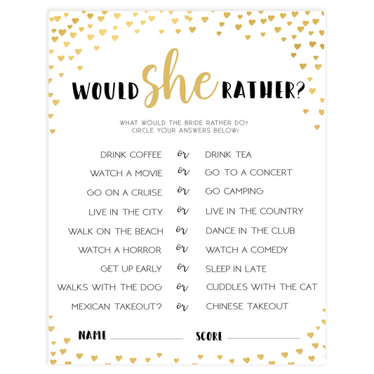 Gold hearts bridal shower games, would she rather, printable bridal games, gold bridal games, gold hearts bridal games, fun bridal games, top bridal games, best bridal games