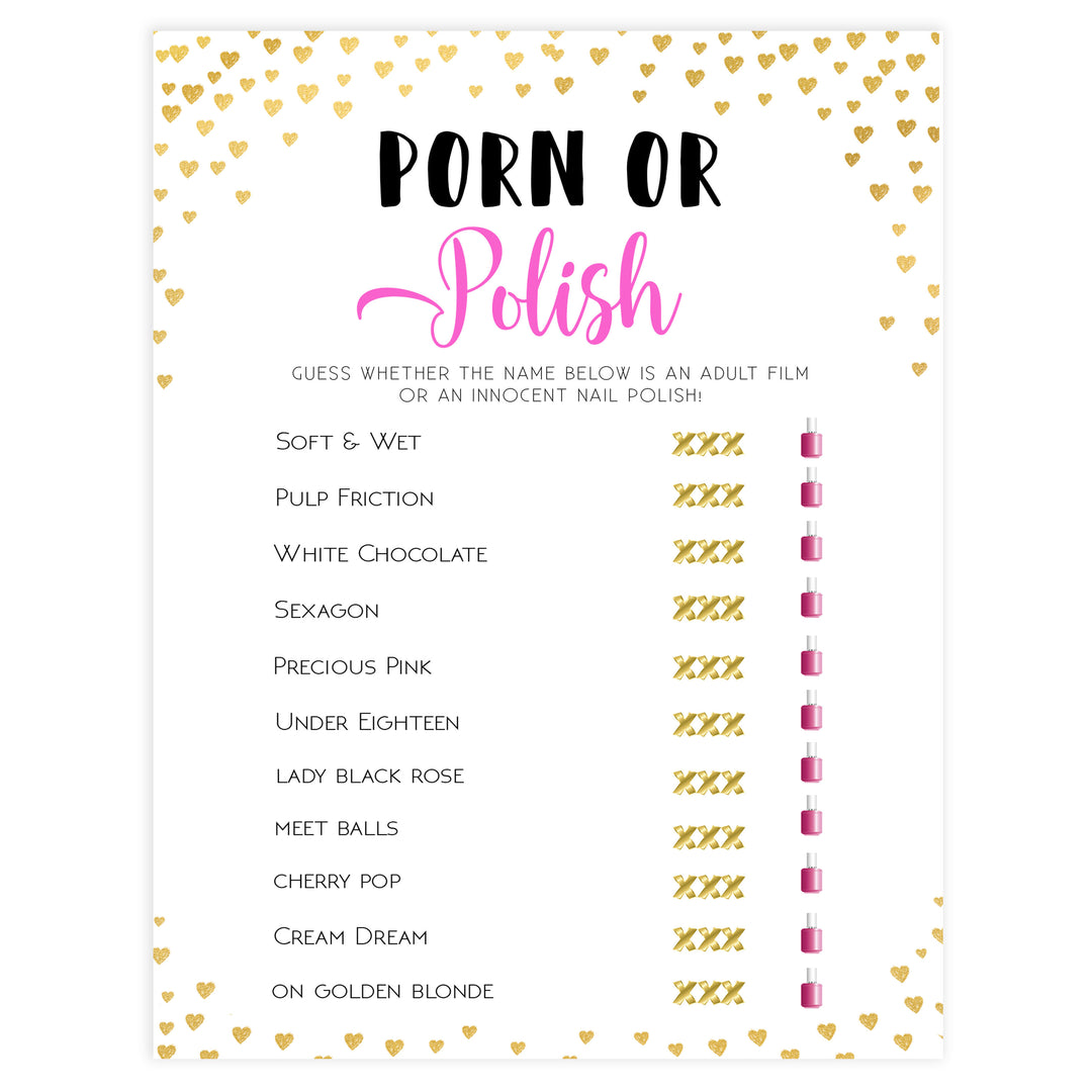 Gold hearts bachelorette games, porn or polish game, printable bachelorette games, hen party games, top party games, fun bridal shower games, bachelorette party games