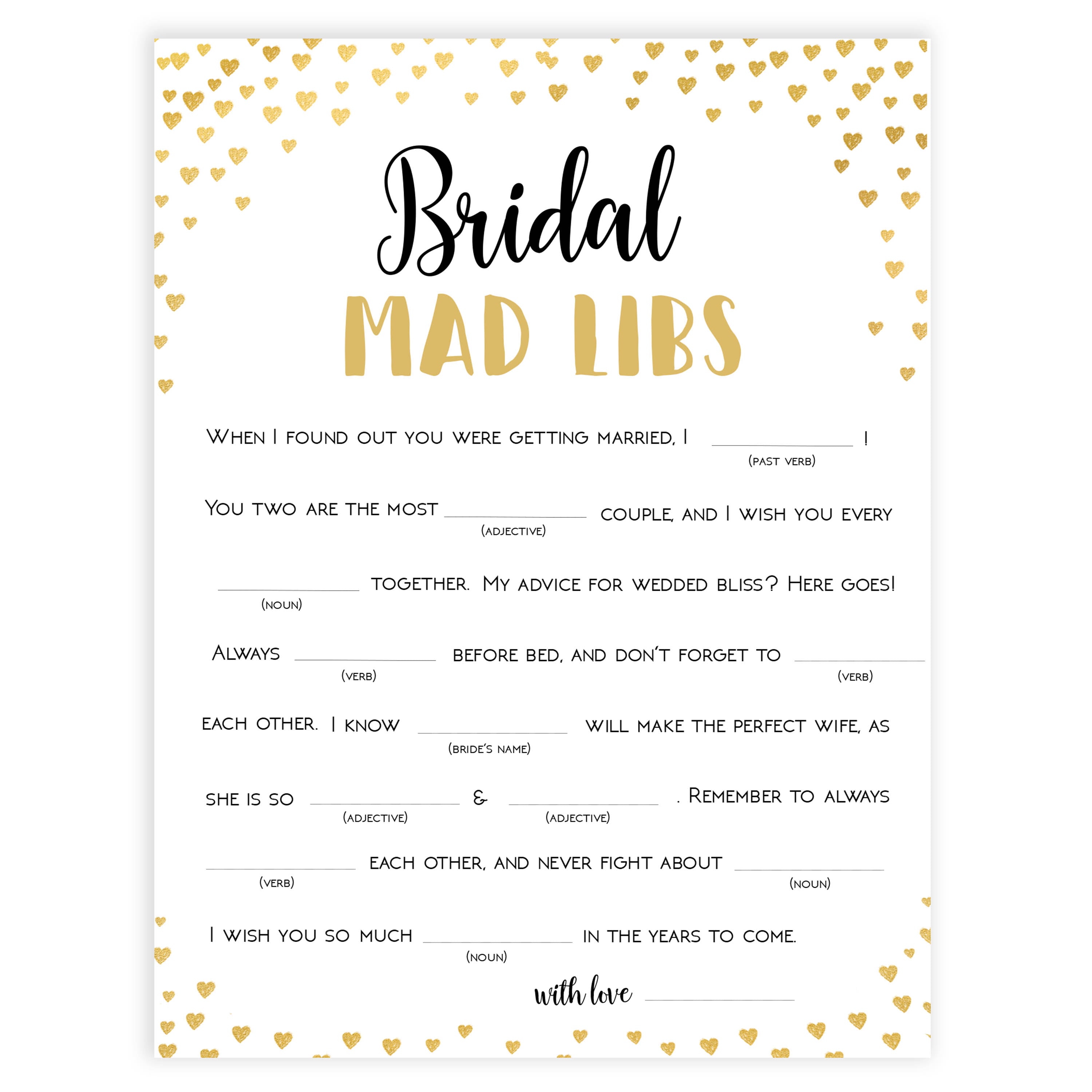 Gold hearts bridal shower games, bridal mad libs, printable bridal games, gold bridal games, gold hearts bridal games, fun bridal games, top bridal games, best bridal games