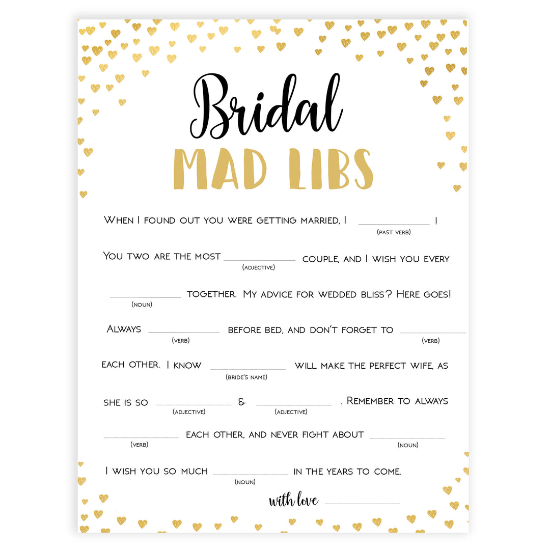 Gold hearts bridal shower games, bridal mad libs, printable bridal games, gold bridal games, gold hearts bridal games, fun bridal games, top bridal games, best bridal games