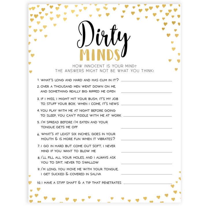 Gold hearts bachelorette games, dirty minds game, printable bachelorette games, hen party games, top party games, fun bridal shower games, bachelorette party games