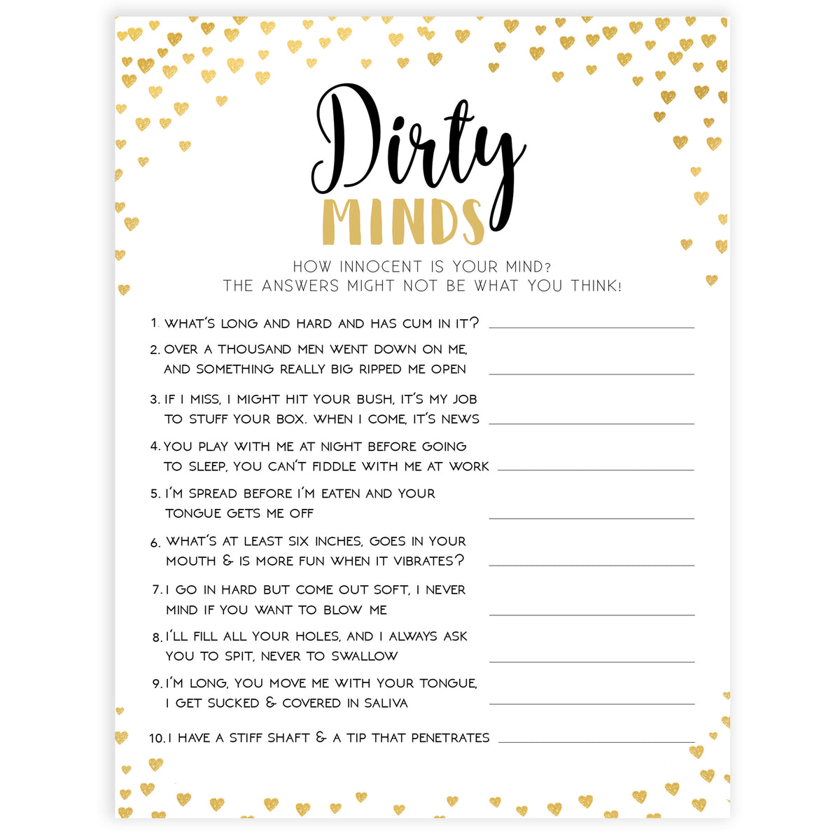 Gold hearts bachelorette games, dirty minds game, printable bachelorette games, hen party games, top party games, fun bridal shower games, bachelorette party games