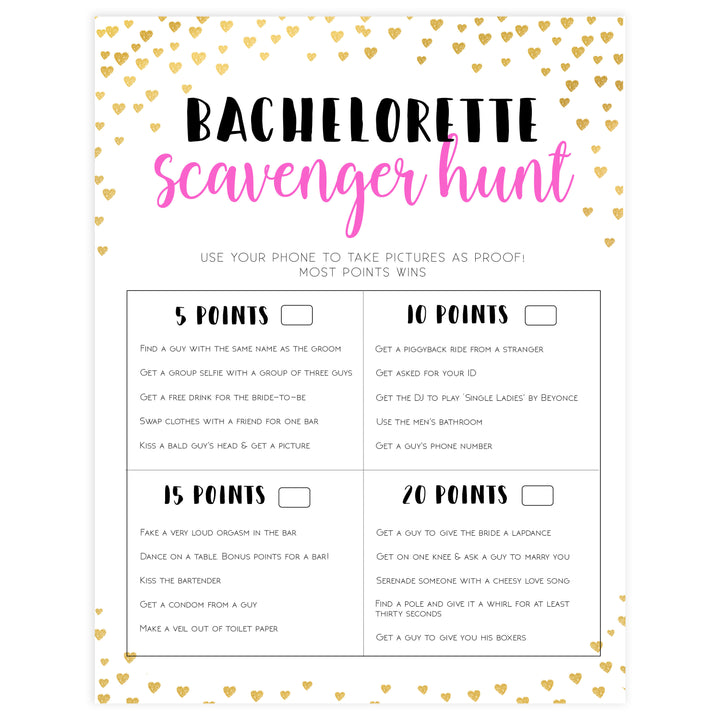 Gold hearts bachelorette games, bachelorette scavenger hunt game, printable bachelorette games, hen party games, top party games, fun bridal shower games, bachelorette party games