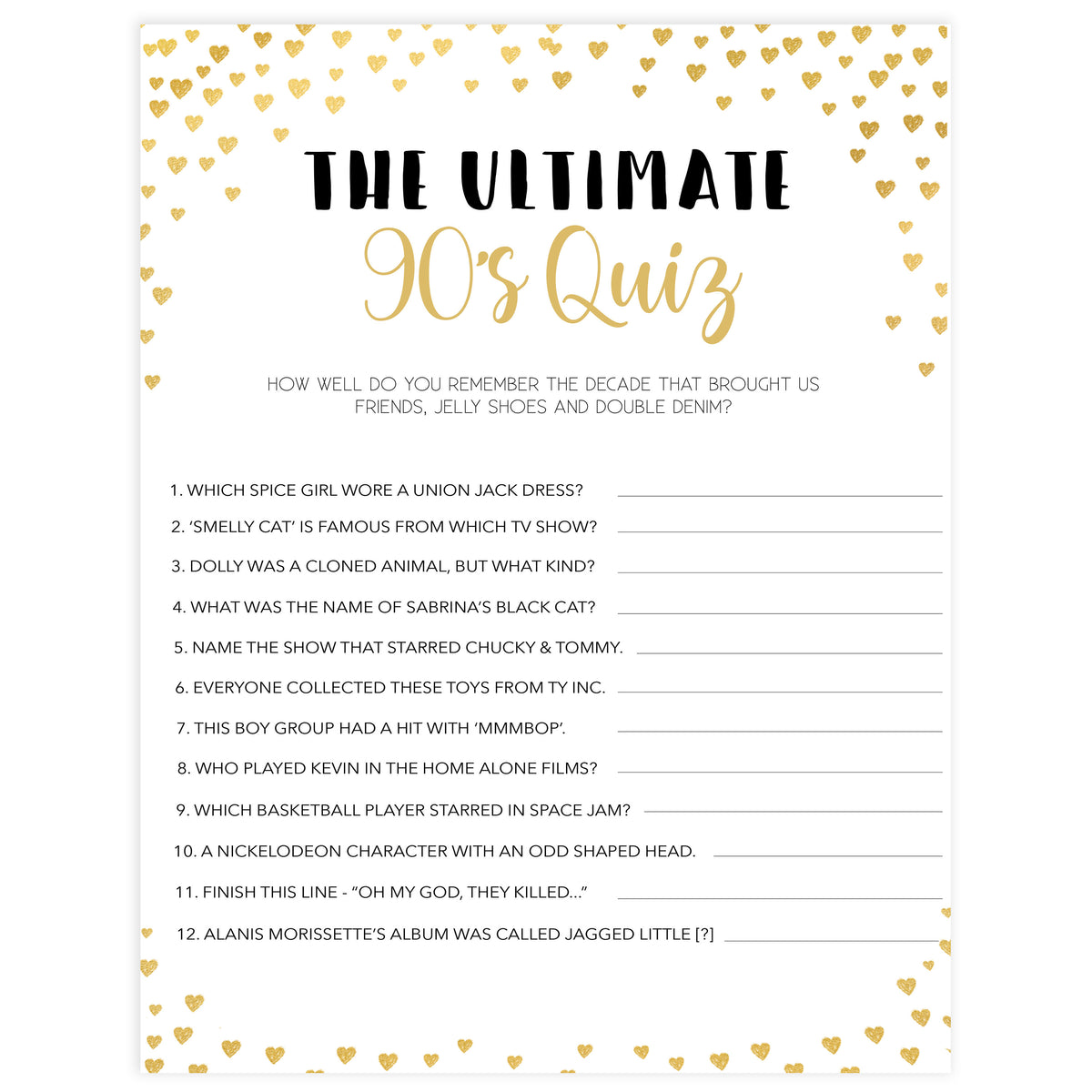 Gold hearts bachelorette games, ultimate 90s quiz game, printable bachelorette games, hen party games, top party games, fun bridal shower games, bachelorette party games