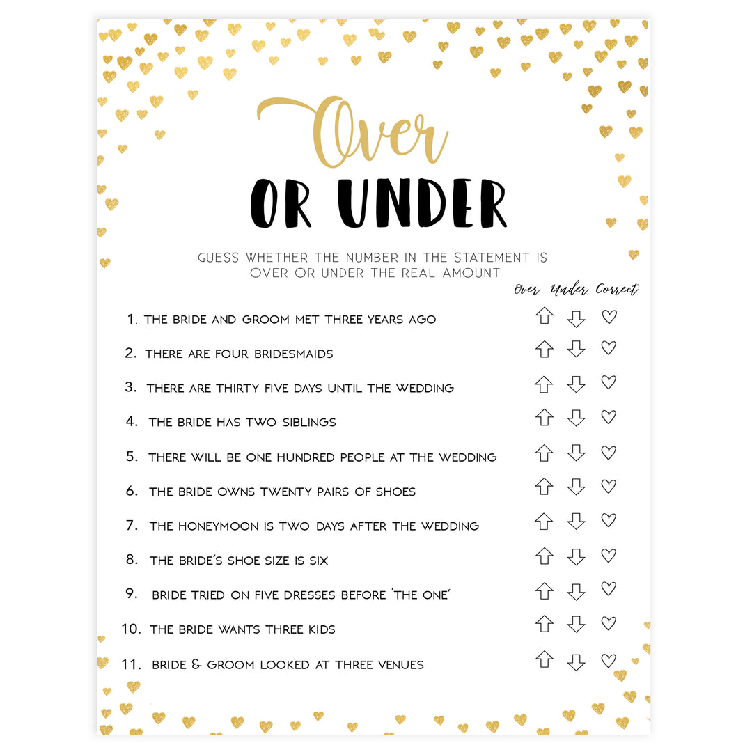 Gold hearts bridal shower games, over or under, printable bridal games, gold bridal games, gold hearts bridal games, fun bridal games, top bridal games, best bridal games
