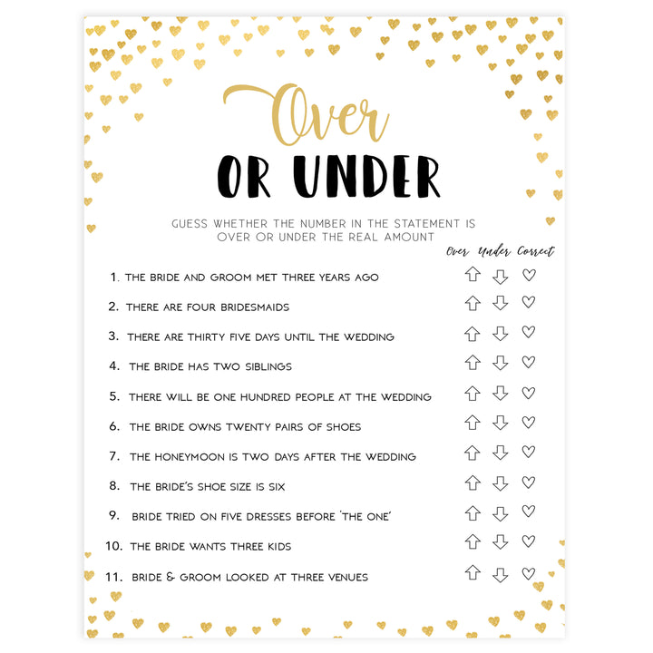 Gold hearts bridal shower games, over or under, printable bridal games, gold bridal games, gold hearts bridal games, fun bridal games, top bridal games, best bridal games