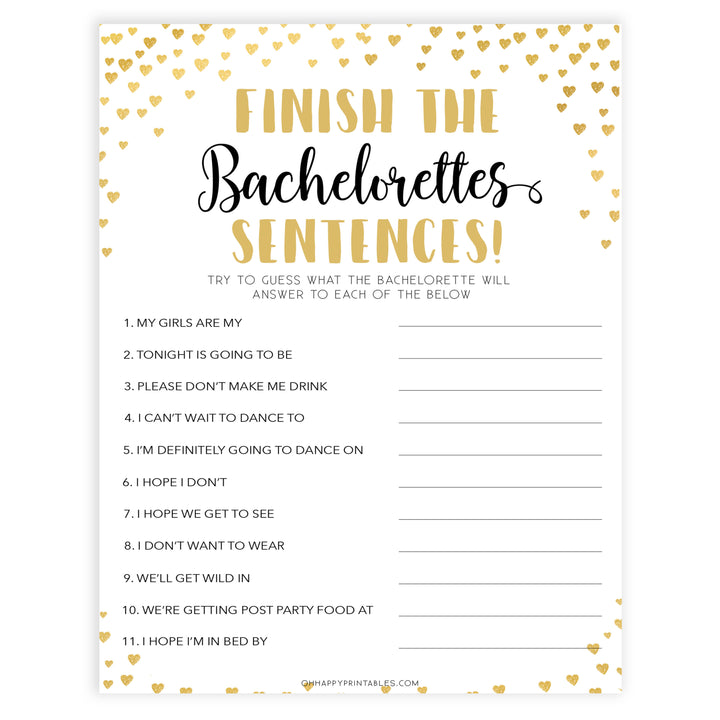 Gold hearts bachelorette games, bachelorette sentences game, printable bachelorette games, hen party games, top party games, fun bridal shower games, bachelorette party games