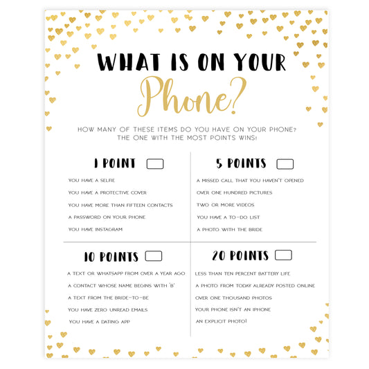 Gold hearts bridal shower games, whats in your phone, printable bridal games, gold bridal games, gold hearts bridal games, fun bridal games, top bridal games, best bridal games
