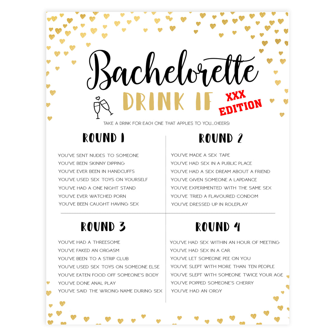 Gold hearts bachelorette games, xxx bachelorette drink if game, printable bachelorette games, hen party games, top party games, fun bridal shower games, bachelorette party games