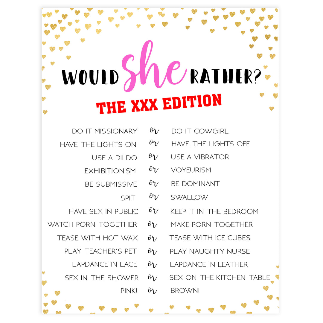 Gold hearts bachelorette games, xxx would she rather game, adult bachelorette game, printable bachelorette games, hen party games, top party games, fun bridal shower games, bachelorette party games