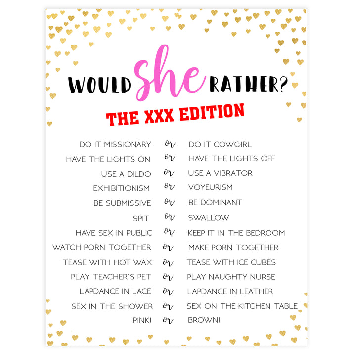 Gold hearts bachelorette games, xxx would she rather game, adult bachelorette game, printable bachelorette games, hen party games, top party games, fun bridal shower games, bachelorette party games