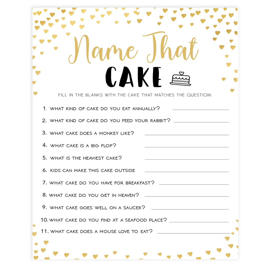 Gold hearts bridal shower games, name the cake, printable bridal games, gold bridal games, gold hearts bridal games, fun bridal games, top bridal games, best bridal games