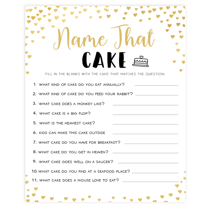 Gold hearts bridal shower games, name the cake, printable bridal games, gold bridal games, gold hearts bridal games, fun bridal games, top bridal games, best bridal games