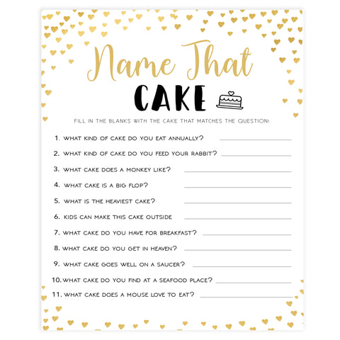 Gold hearts bridal shower games, name the cake, printable bridal games, gold bridal games, gold hearts bridal games, fun bridal games, top bridal games, best bridal games