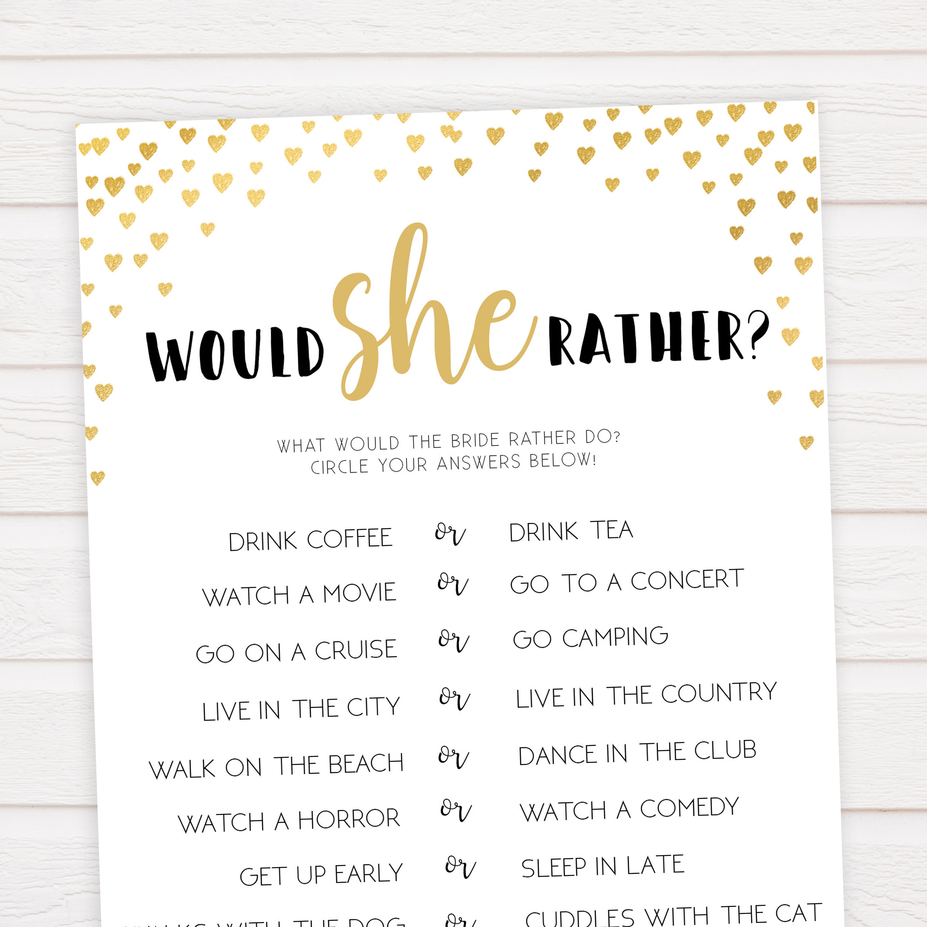 Gold hearts bridal shower games, would she rather, printable bridal games, gold bridal games, gold hearts bridal games, fun bridal games, top bridal games, best bridal games