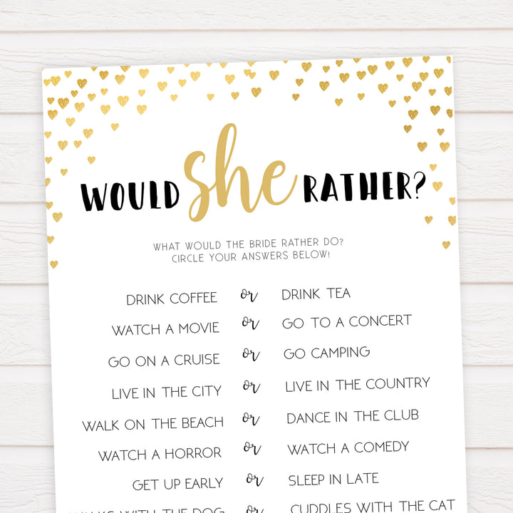 Gold hearts bridal shower games, would she rather, printable bridal games, gold bridal games, gold hearts bridal games, fun bridal games, top bridal games, best bridal games