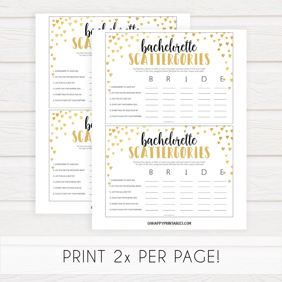 Gold hearts bachelorette games, dirty scattergories game, printable bachelorette games, hen party games, top party games, fun bridal shower games, bachelorette party games
