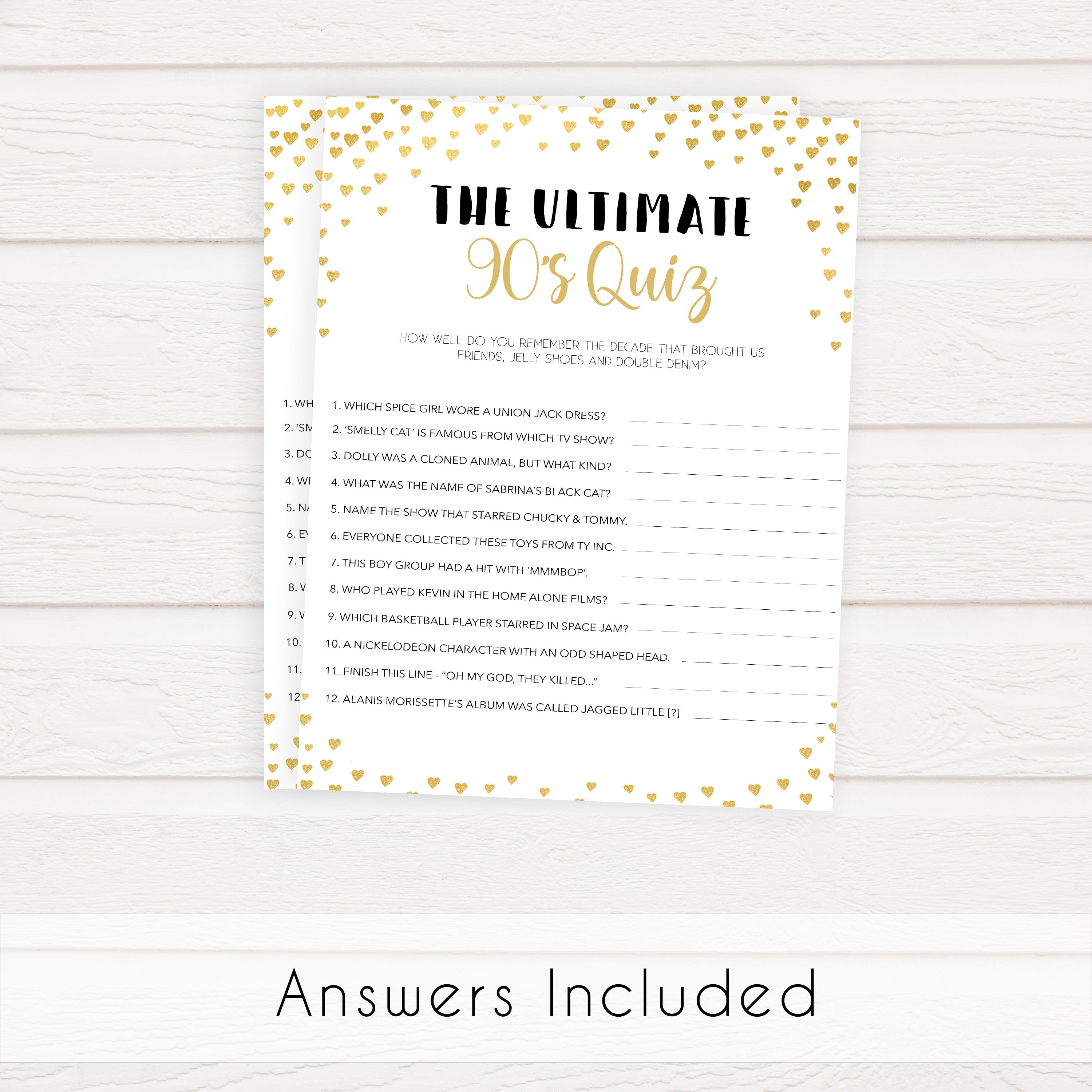 Gold hearts bachelorette games, ultimate 90s quiz game, printable bachelorette games, hen party games, top party games, fun bridal shower games, bachelorette party games