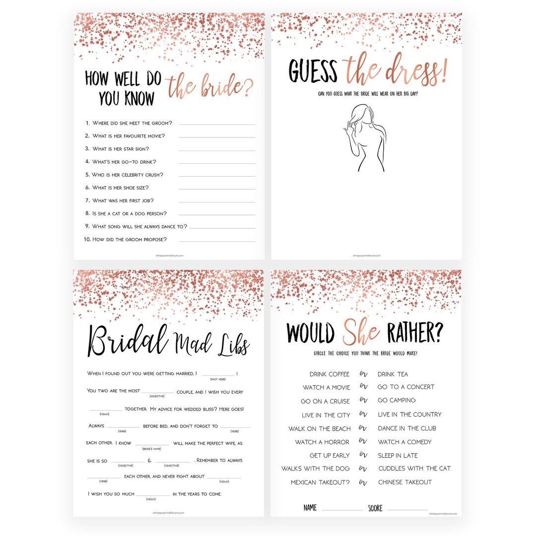8 Bridal Shower Games Bundle - Rose Gold Foil