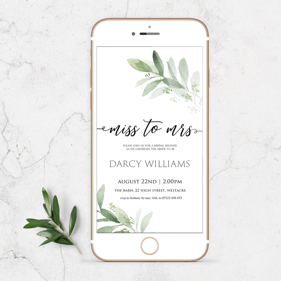 editable miss to mrs bridal shower invite, editable digital invitation, greenery bridal shower invite, mobile invites, editable bridal shower invite, corjl bridal invite, bachelorette party invite