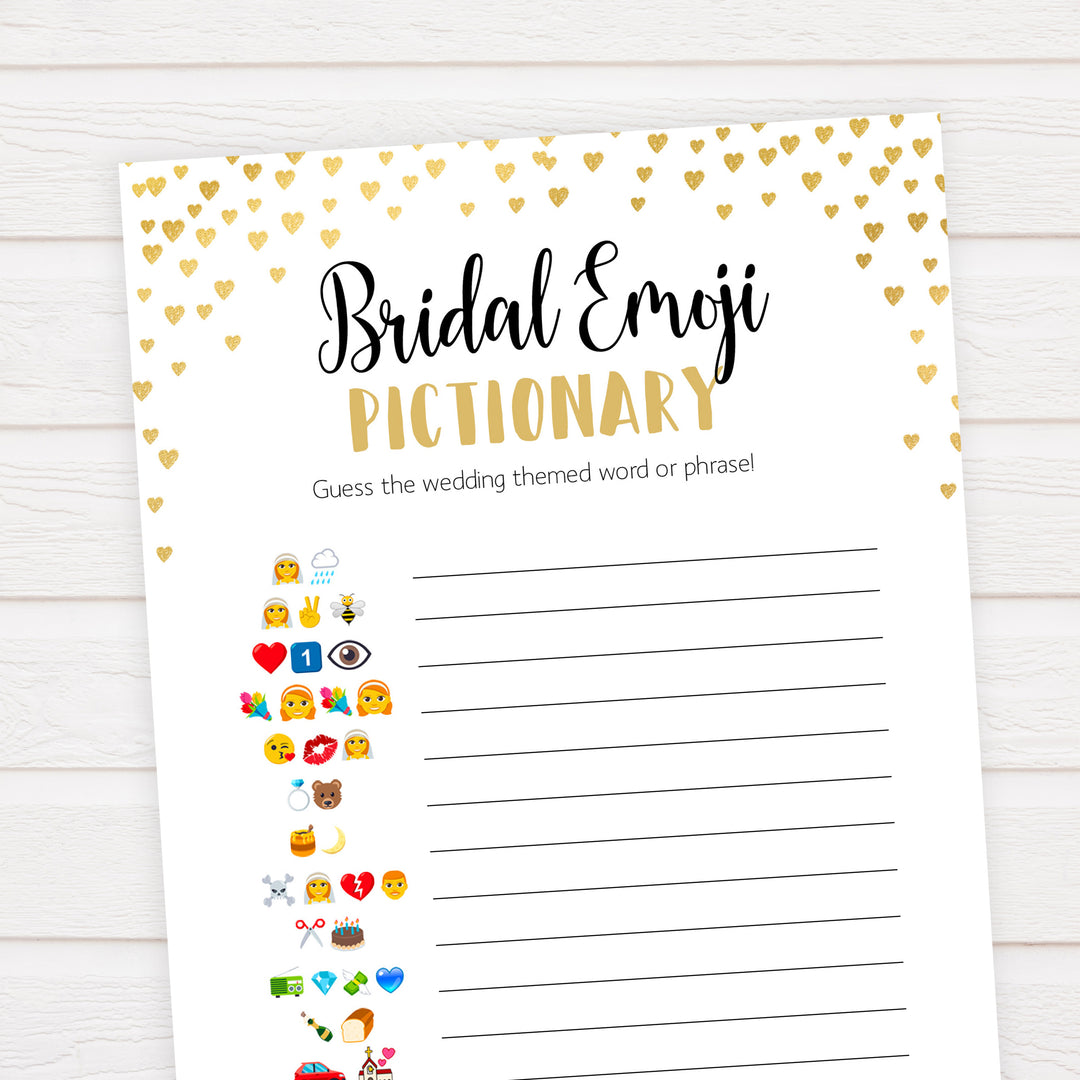 Gold hearts bridal shower games, bridal emoji pictionary, printable bridal games, gold bridal games, gold hearts bridal games, fun bridal games, top bridal games, best bridal games