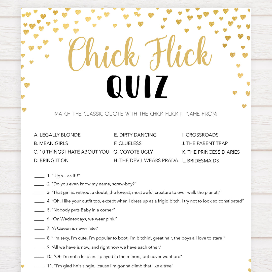 Gold hearts bachelorette games, chick flick quiz game, printable bachelorette games, hen party games, top party games, fun bridal shower games, bachelorette party games