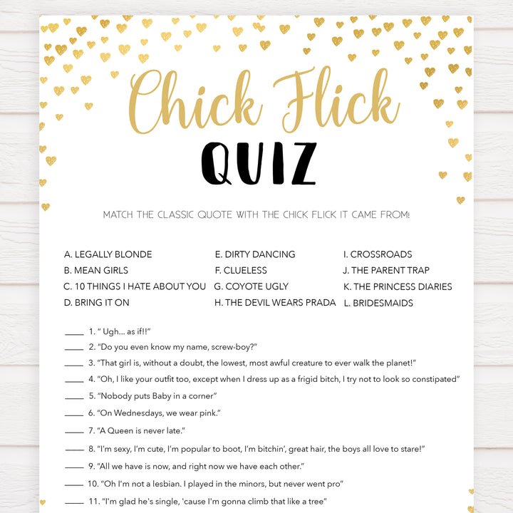 Gold hearts bachelorette games, chick flick quiz game, printable bachelorette games, hen party games, top party games, fun bridal shower games, bachelorette party games