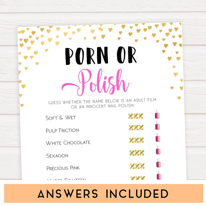 Gold hearts bachelorette games, porn or polish game, printable bachelorette games, hen party games, top party games, fun bridal shower games, bachelorette party games