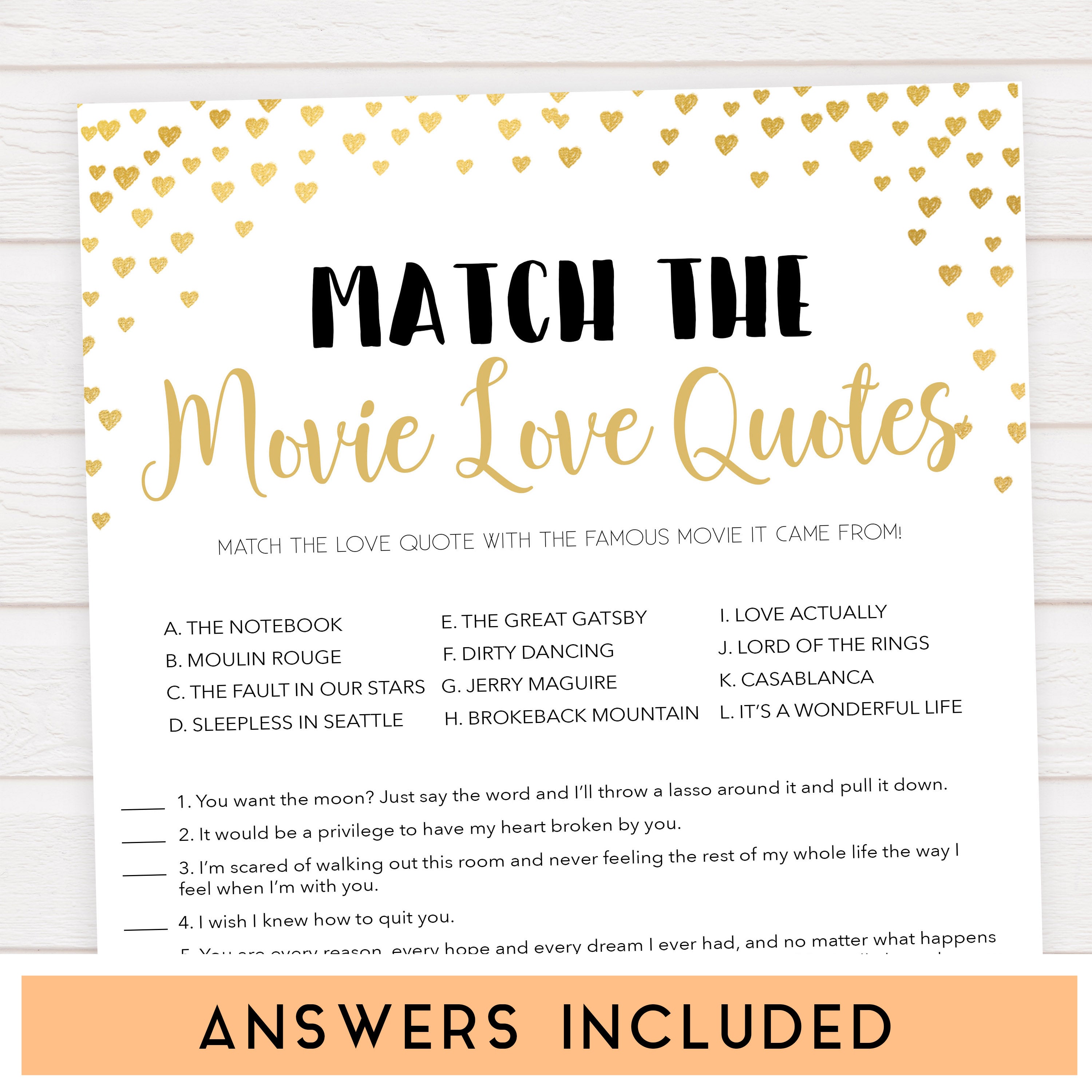 Gold hearts bridal shower games, match the movie love quotes, printable bridal games, gold bridal games, gold hearts bridal games, fun bridal games, top bridal games, best bridal games