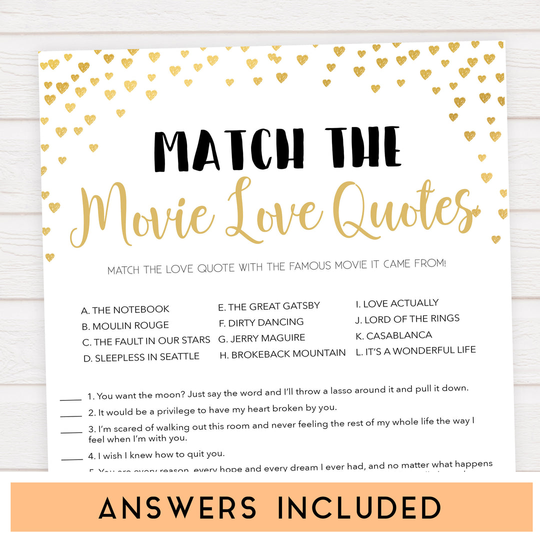 Gold hearts bridal shower games, match the movie love quotes, printable bridal games, gold bridal games, gold hearts bridal games, fun bridal games, top bridal games, best bridal games