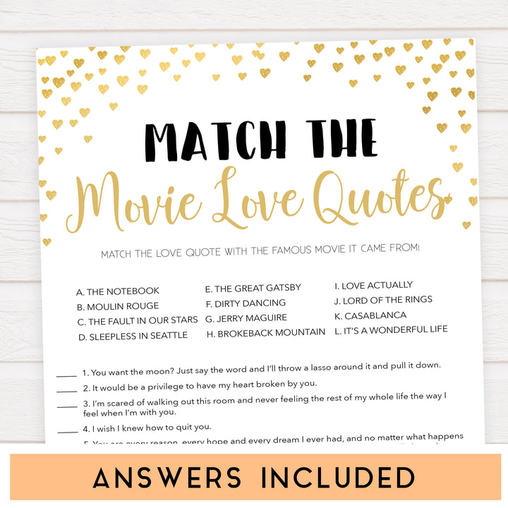 Gold hearts bridal shower games, match the movie love quotes, printable bridal games, gold bridal games, gold hearts bridal games, fun bridal games, top bridal games, best bridal games