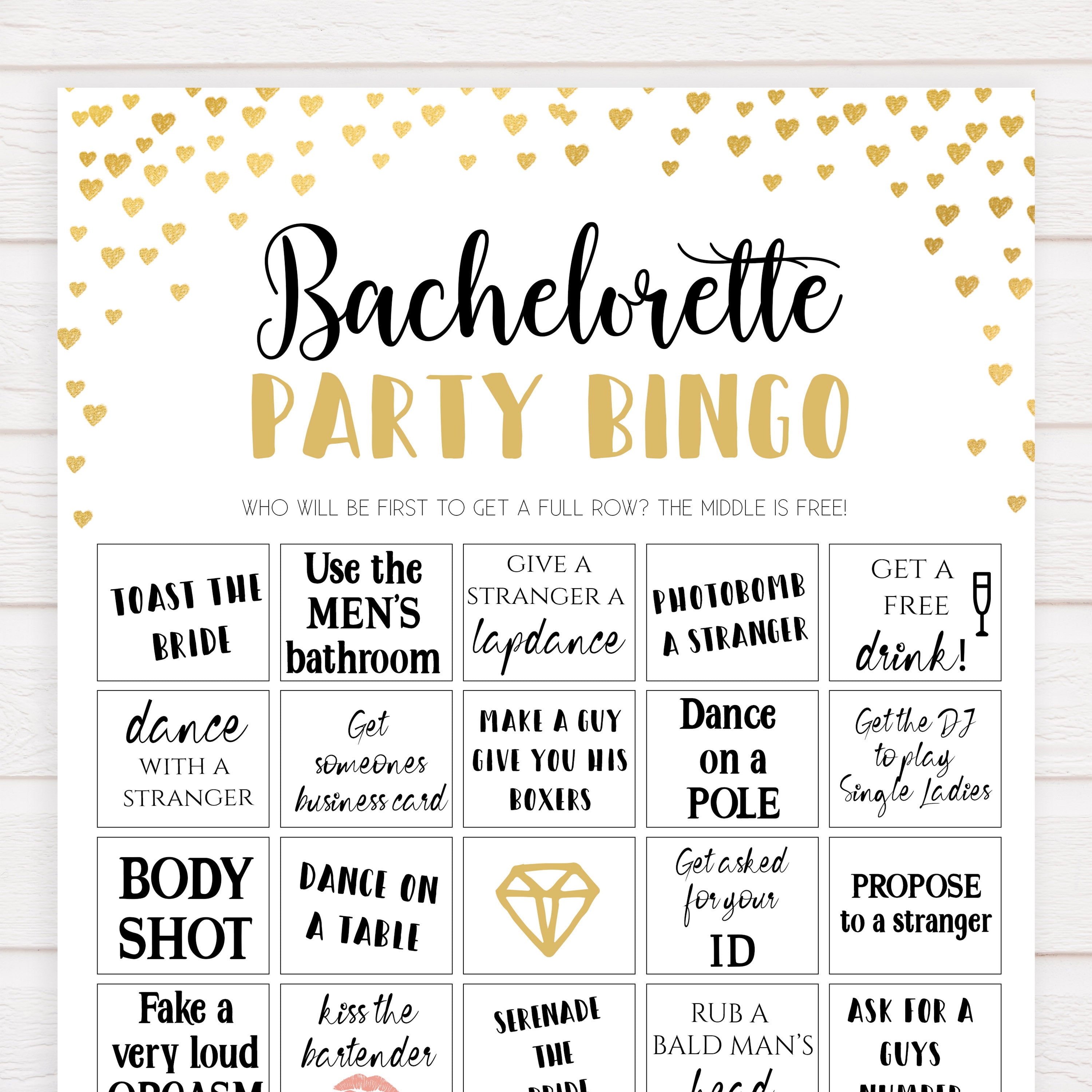 Gold hearts bachelorette games, bachelorette party bingo game, printable bachelorette games, hen party games, top party games, fun bridal shower games, bachelorette party games