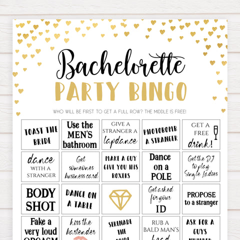 Gold hearts bachelorette games, bachelorette party bingo game, printable bachelorette games, hen party games, top party games, fun bridal shower games, bachelorette party games
