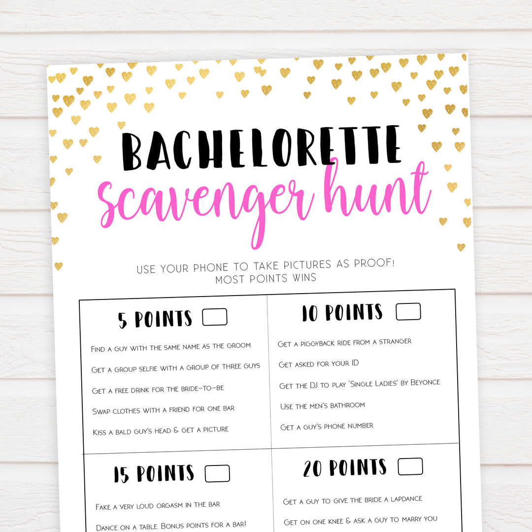 Gold hearts bachelorette games, bachelorette scavenger hunt game, printable bachelorette games, hen party games, top party games, fun bridal shower games, bachelorette party games